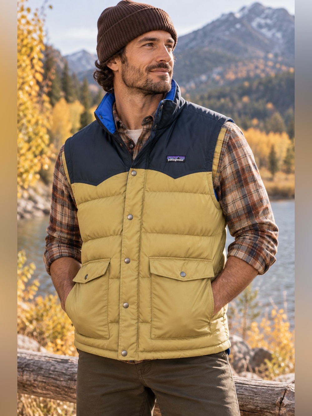Patagonia Slingshot Down Vest In Blue and Tan Men's Large